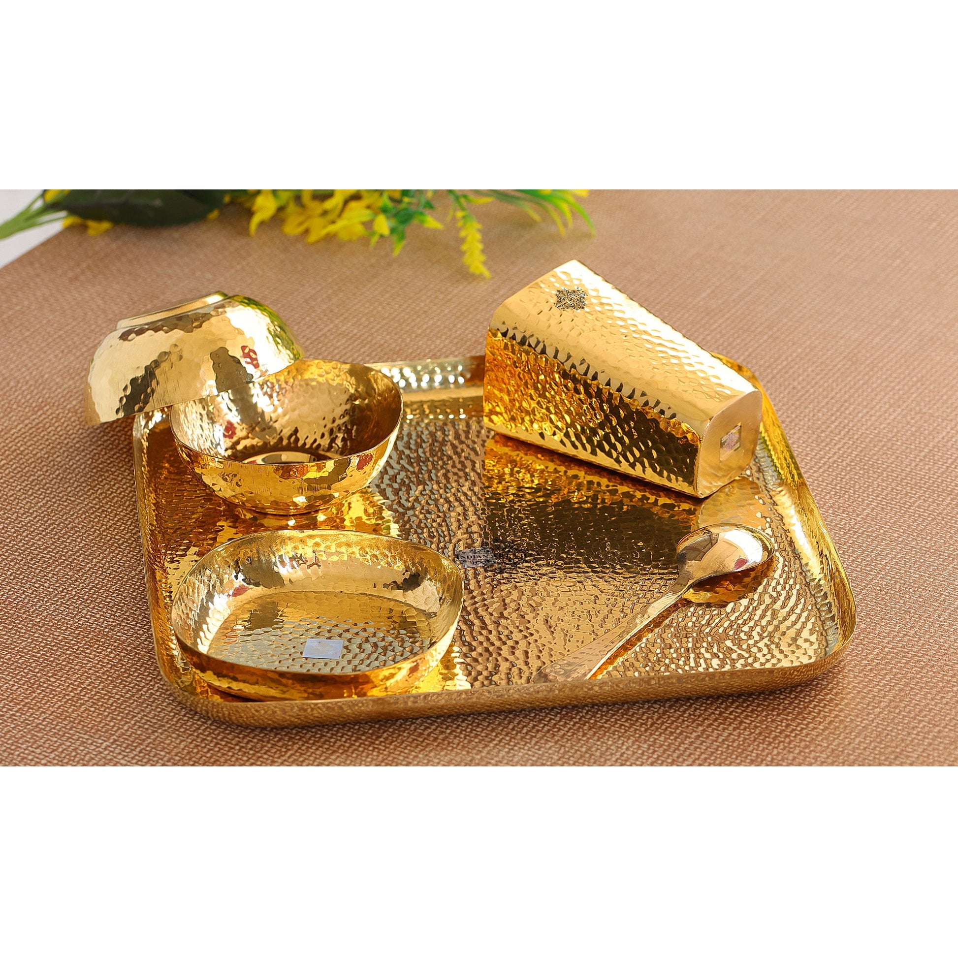 Brass Hammered Square 6 Pcs. Thali set,  1 Square Thali, 2 Bowls, 1 Rice Plate, 1 Spoon and 1 Glass