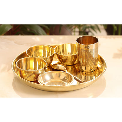 Handcrafted Pure Brass 7 Pieces Dinner set with Embossed Shine Finish Design, Dinnerware, Tableware
