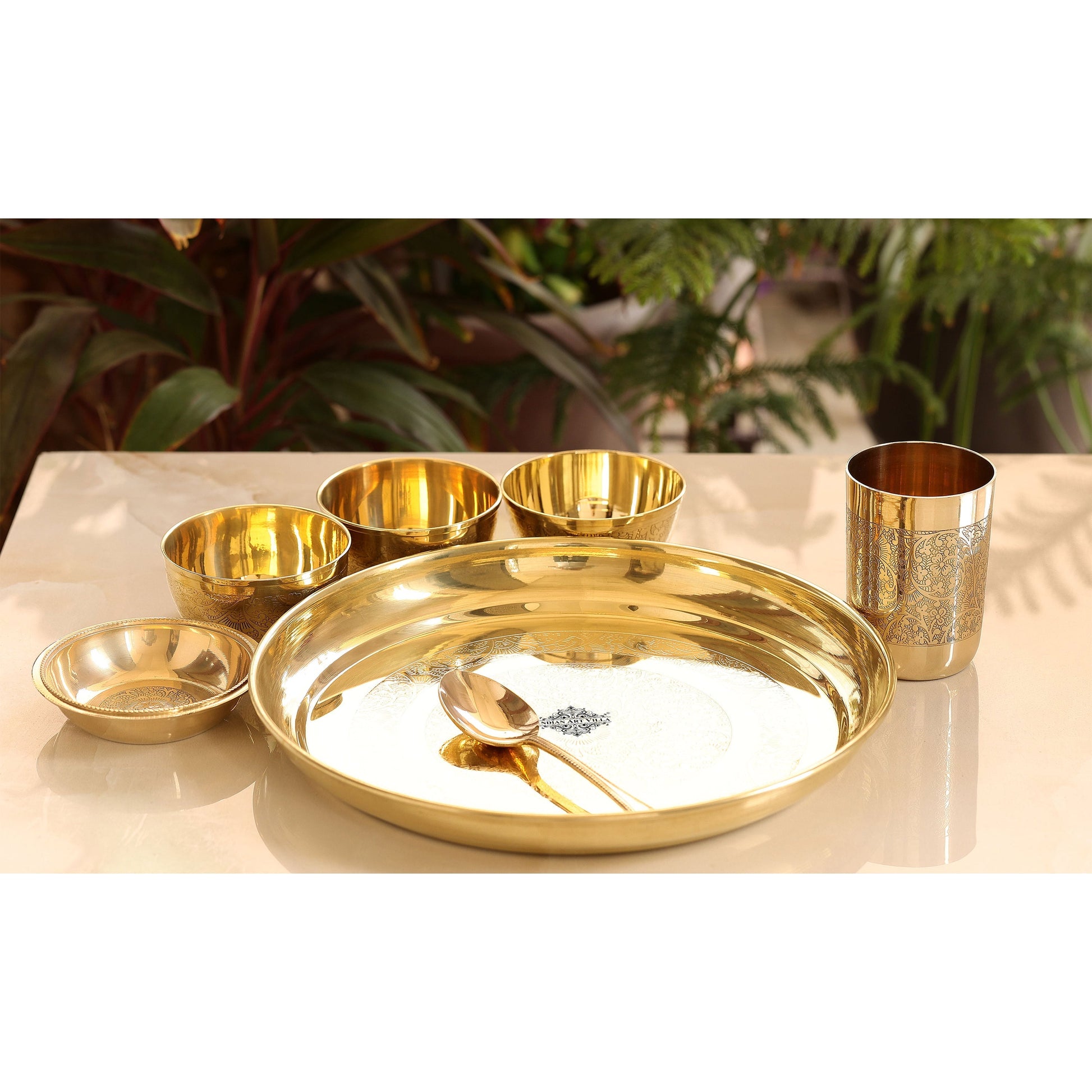 Handcrafted Pure Brass 7 Pieces Dinner set with Embossed Shine Finish Design, Dinnerware, Tableware