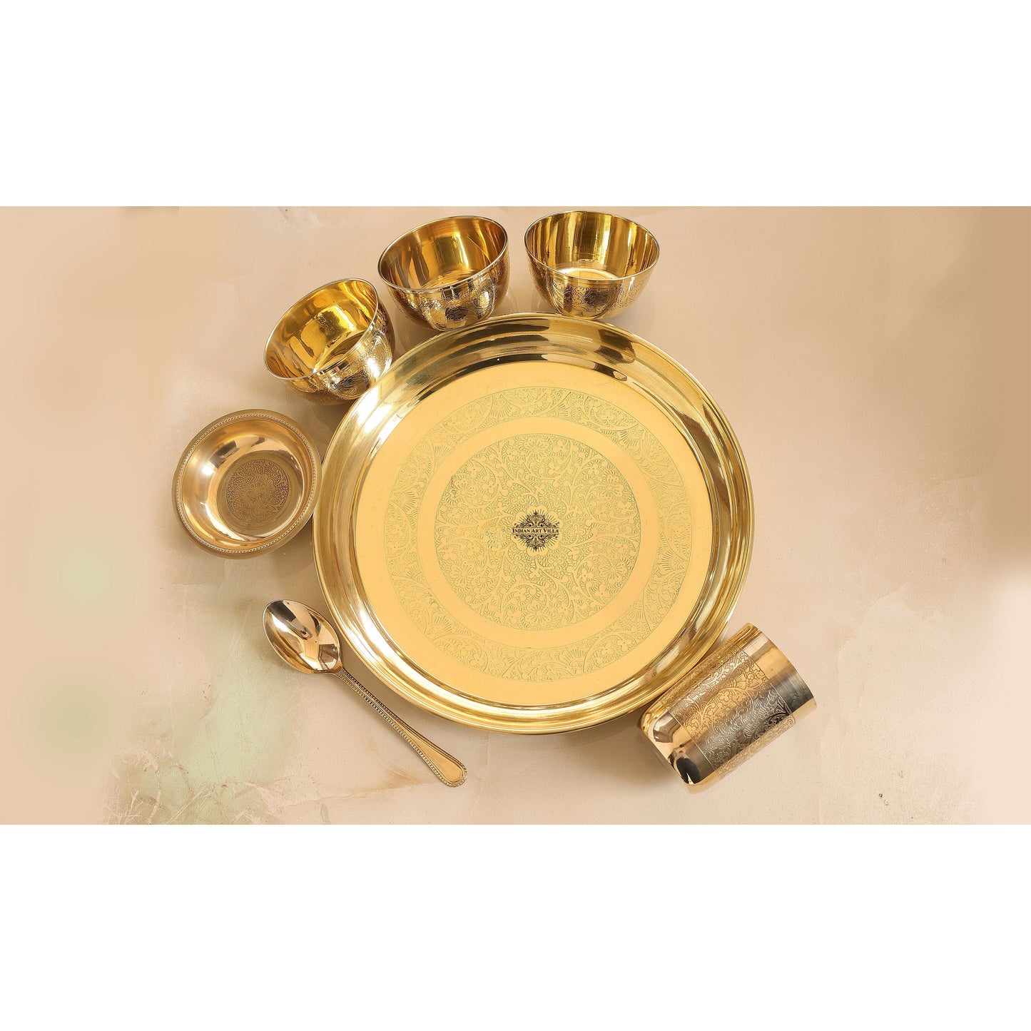 Handcrafted Pure Brass 7 Pieces Dinner set with Embossed Shine Finish Design, Dinnerware, Tableware