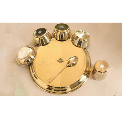 Handcrafted Pure Brass 7 Pieces Dinner set with Embossed Shine Finish Design, Dinnerware, Tableware