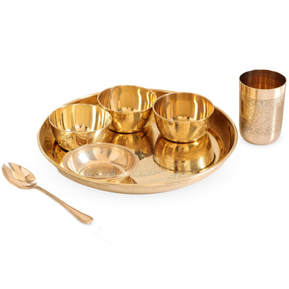 Handcrafted Pure Brass 7 Pieces Dinner set with Embossed Shine Finish Design, Dinnerware, Tableware