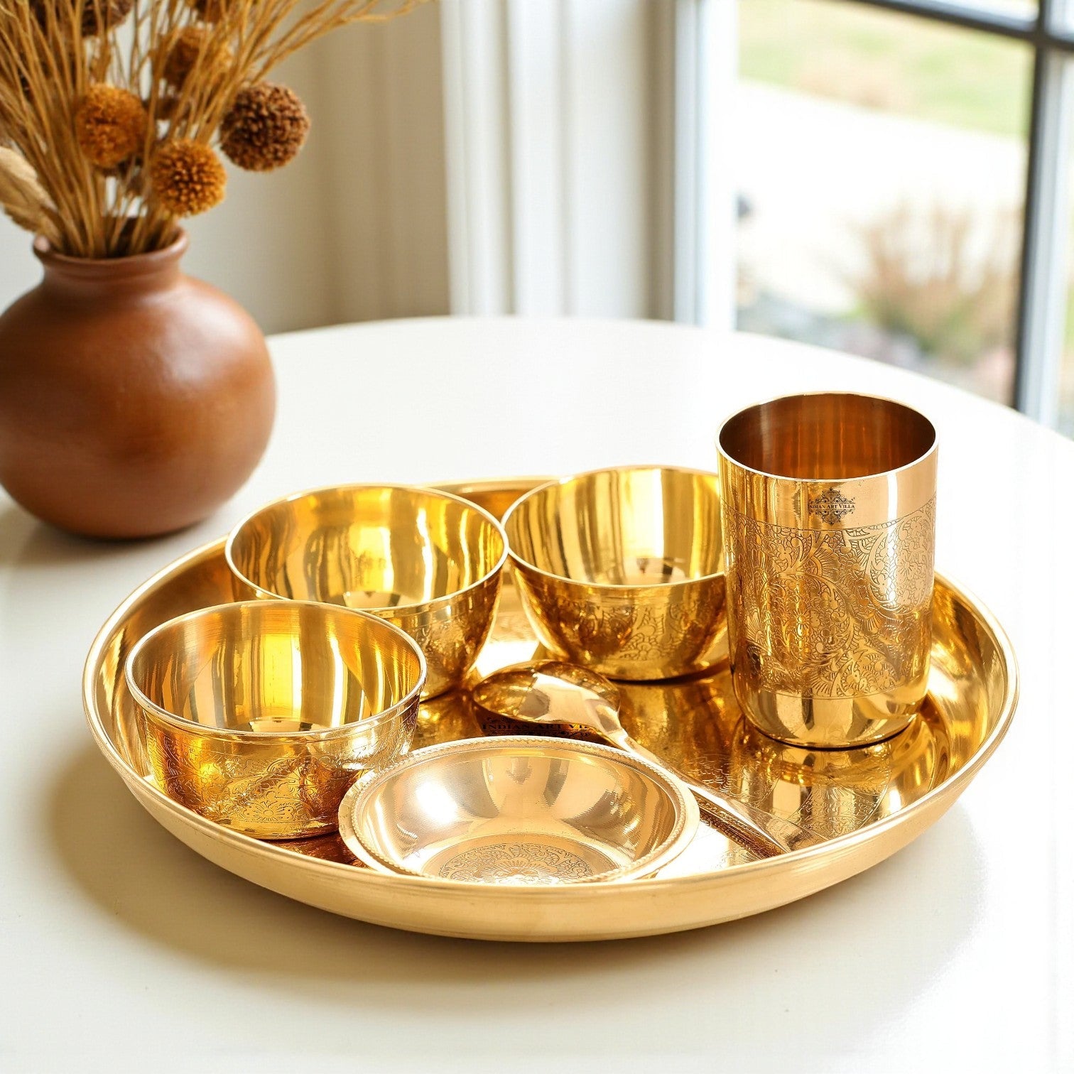Handcrafted Pure Brass 7 Pieces Dinner set with Embossed Shine Finish Design, Dinnerware, Tableware