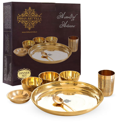 Handcrafted Pure Brass 7 Pieces Dinner set with Embossed Shine Finish Design, Dinnerware, Tableware