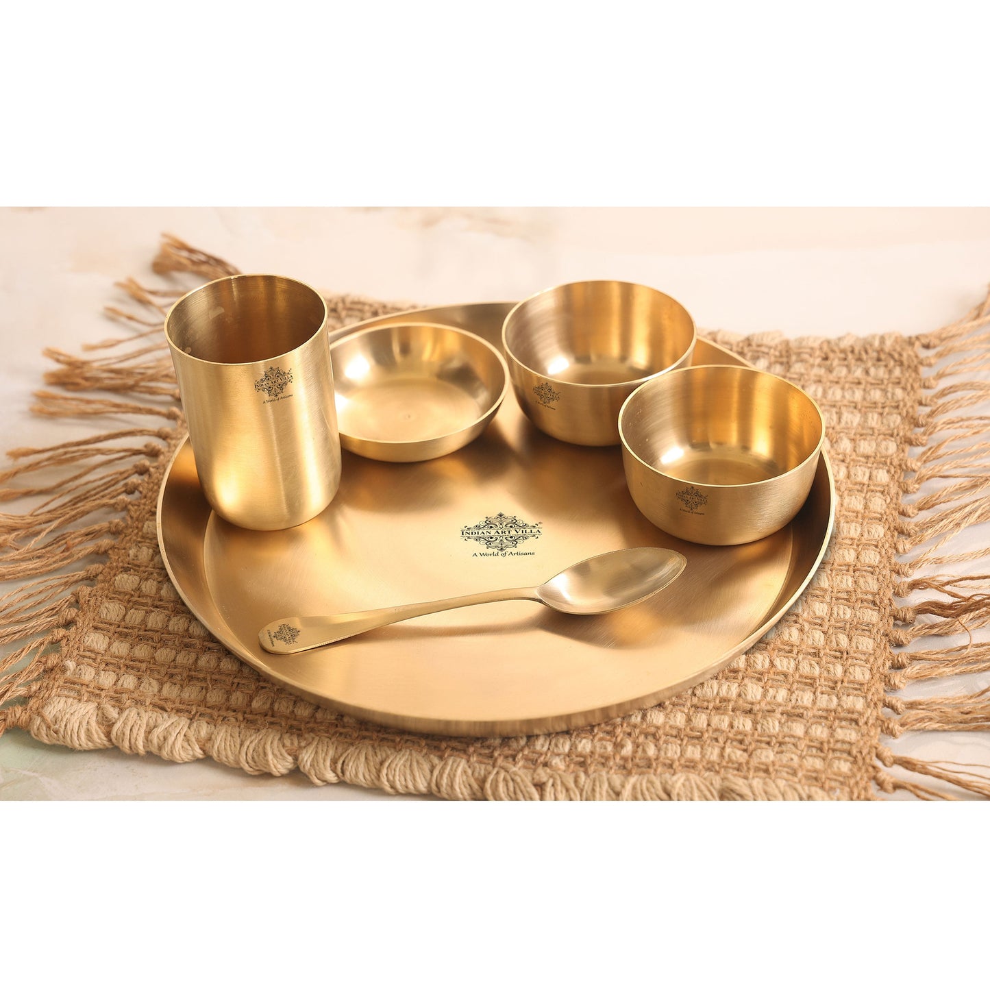Handcrafted Pure Brass Matt Finish 7 Pieces Dinner Set / Thali Set, Dinnerware, Tableware