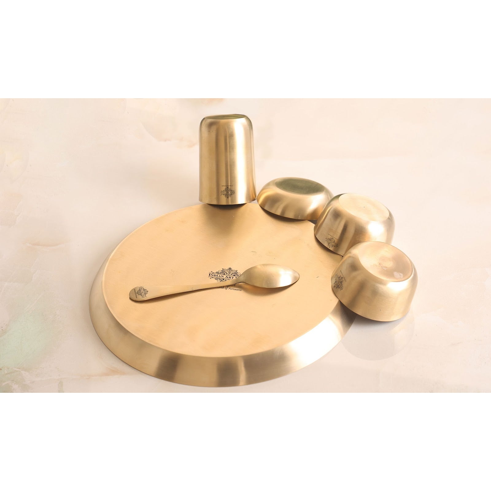 Handcrafted Pure Brass Dinner Set with Matt Finish Design, Dinnerware, Tableware, 7 Pieces Set