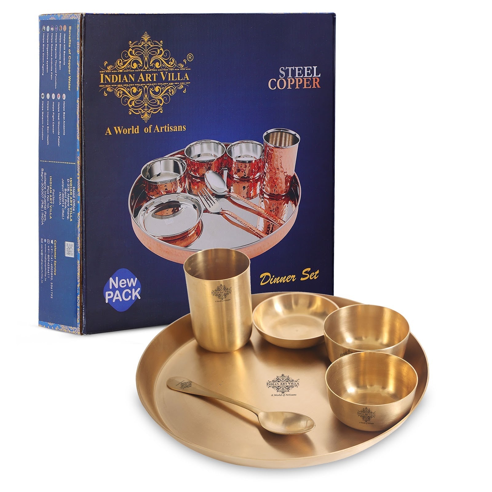 Handcrafted Pure Brass Matt Finish 7 Pieces Dinner Set / Thali Set, Dinnerware, Tableware