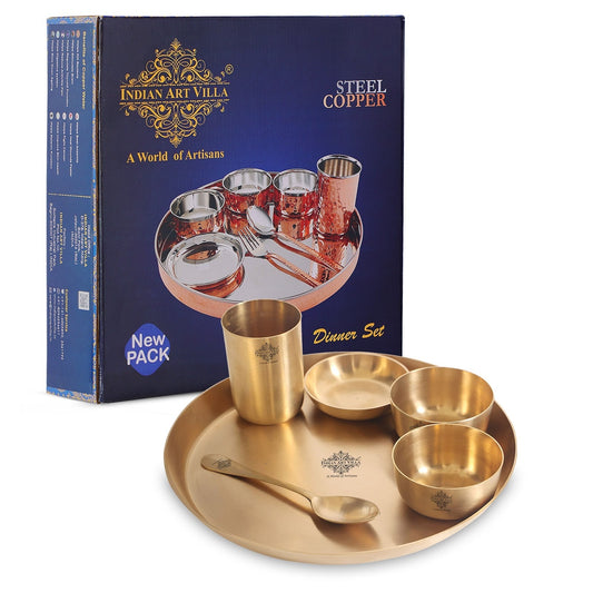 Handcrafted Pure Brass Matt Finish 7 Pieces Dinner Set / Thali Set, Dinnerware, Tableware