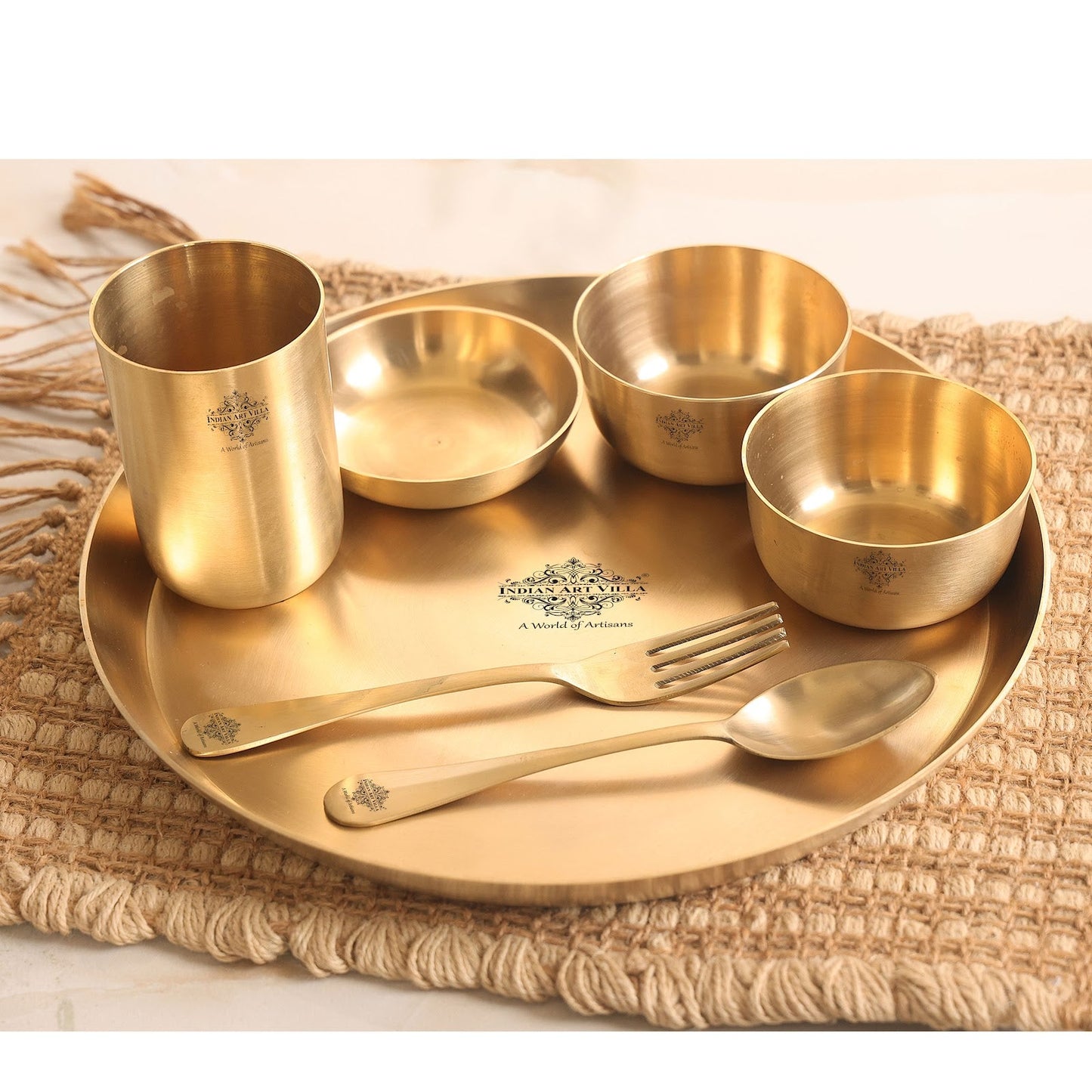 Handcrafted Pure Brass Dinner Set with Matt Finish Design, Dinnerware, Tableware, 7 Pieces Set