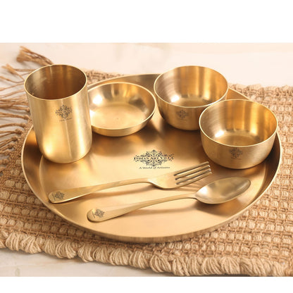 Handcrafted Pure Brass Dinner Set with Matt Finish Design, Dinnerware, Tableware, 7 Pieces Set