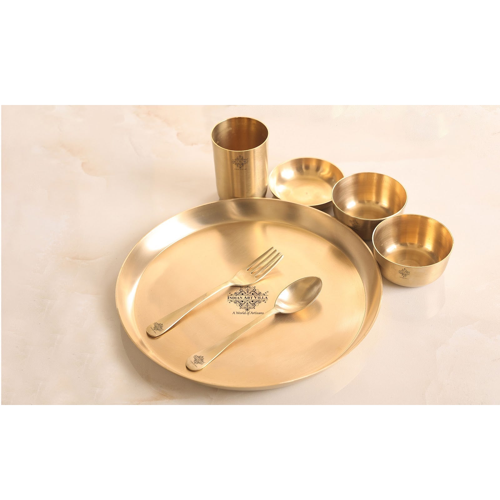 Handcrafted Pure Brass Dinner Set with Matt Finish Design, Dinnerware, Tableware, 7 Pieces Set