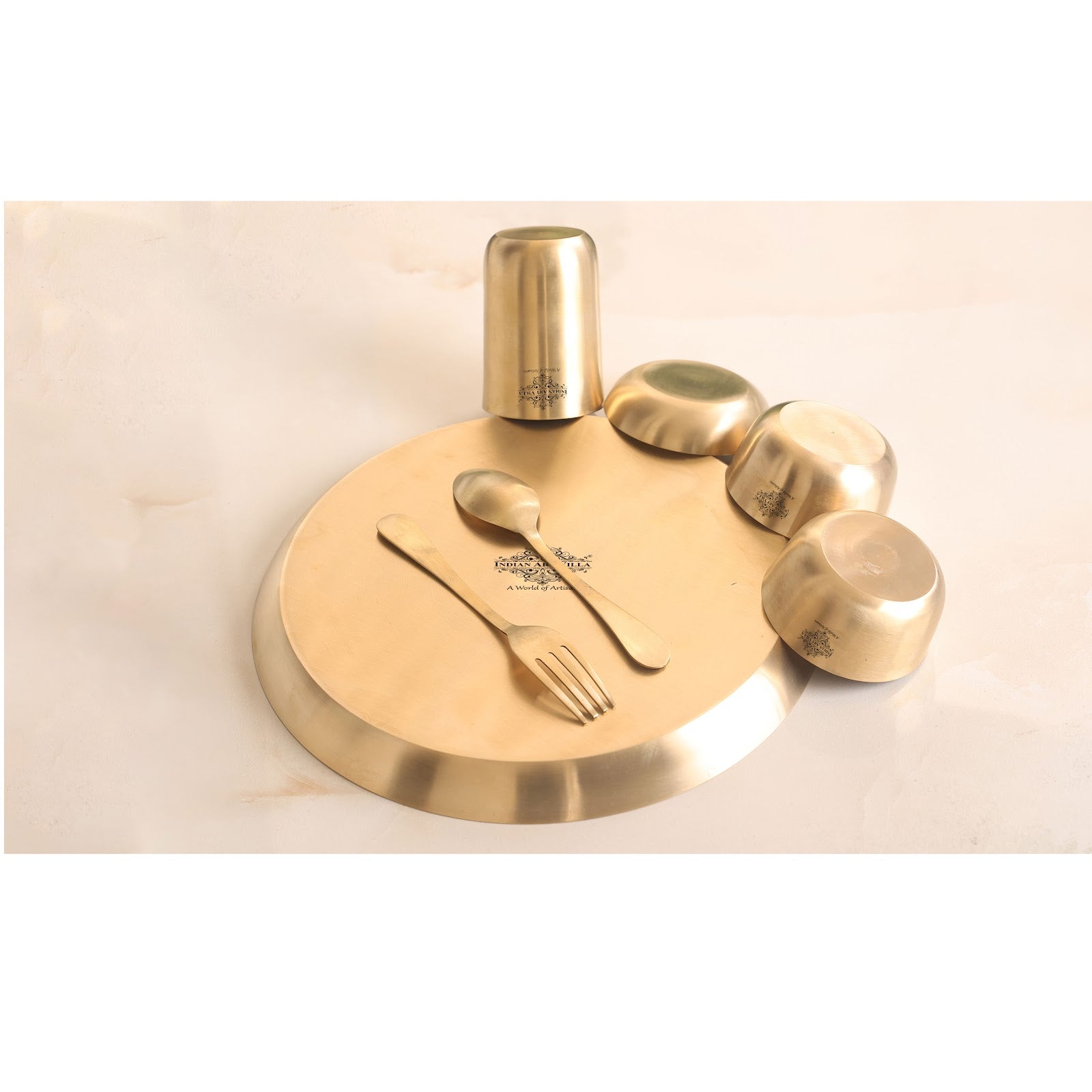 Handcrafted Pure Brass Dinner Set with Matt Finish Design, Dinnerware, Tableware, 7 Pieces Set