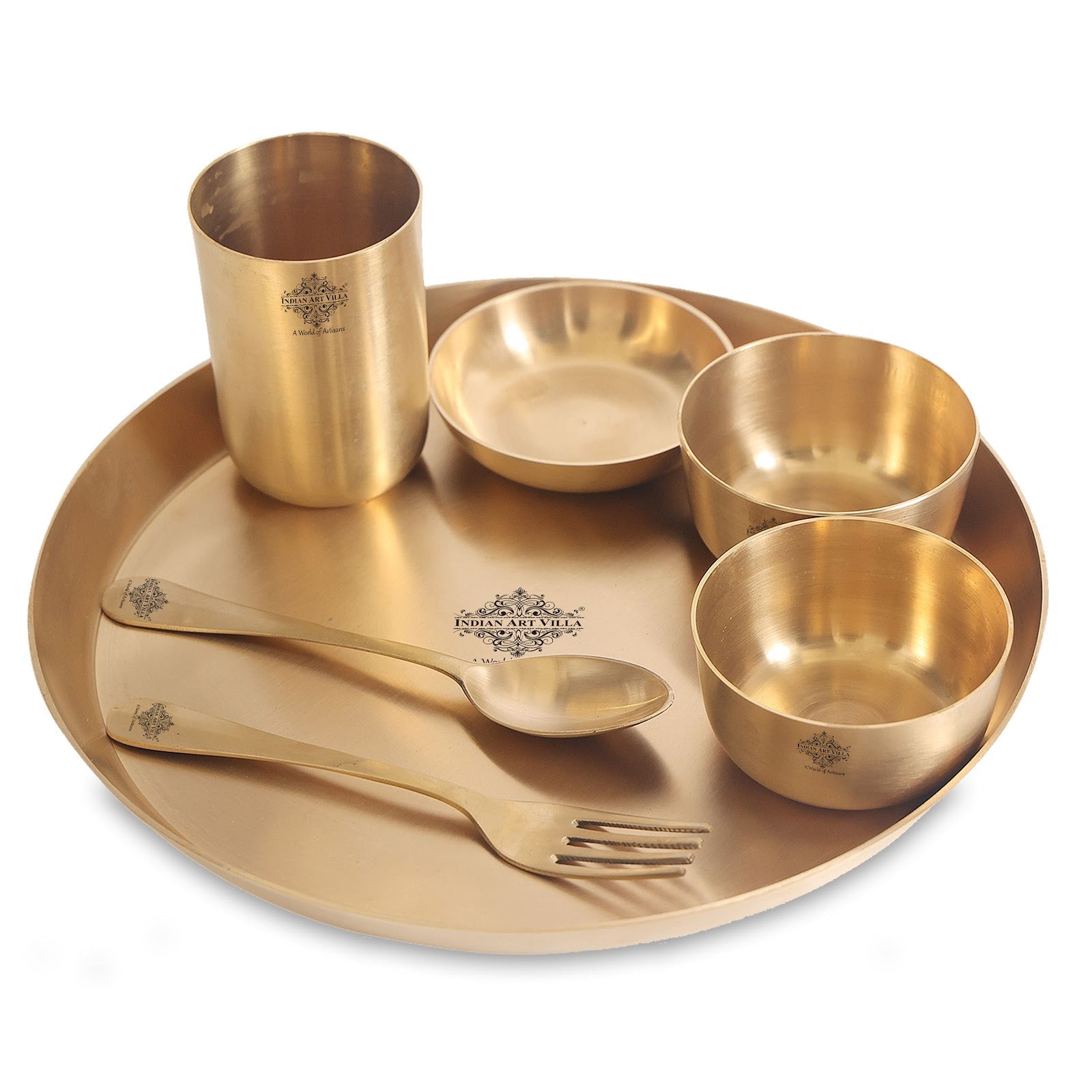 Handcrafted Pure Brass Dinner Set with Matt Finish Design, Dinnerware, Tableware, 7 Pieces Set
