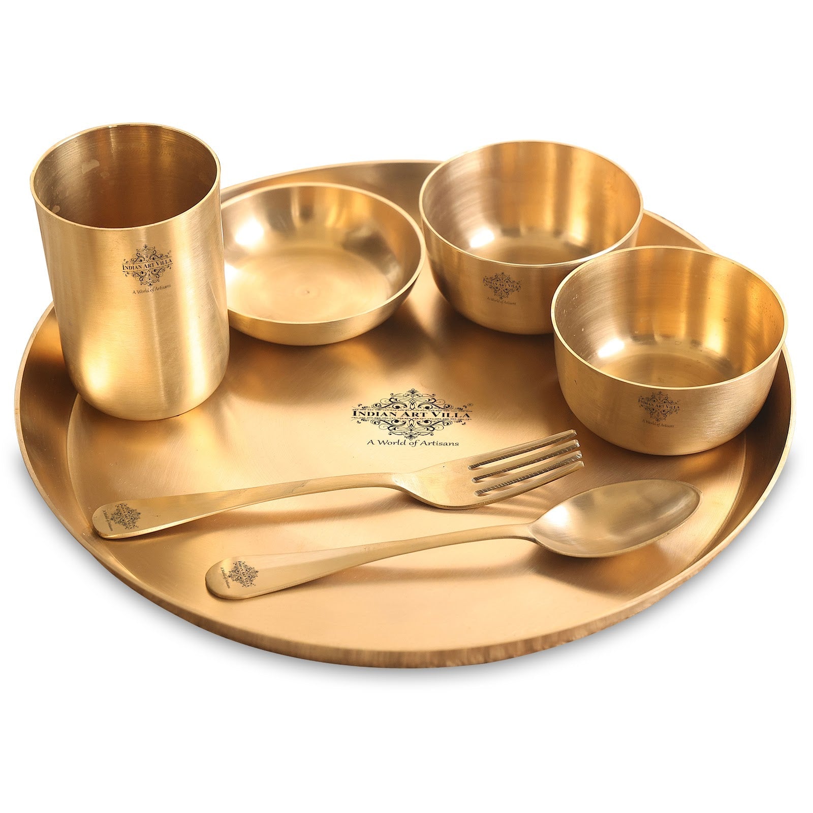 Handcrafted Pure Brass Dinner Set with Matt Finish Design, Dinnerware, Tableware, 7 Pieces Set