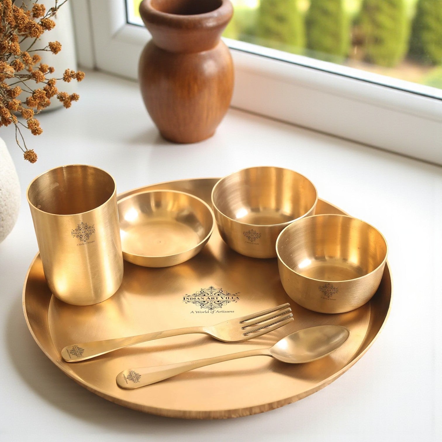 Handcrafted Pure Brass Dinner Set with Matt Finish Design, Dinnerware, Tableware, 7 Pieces Set