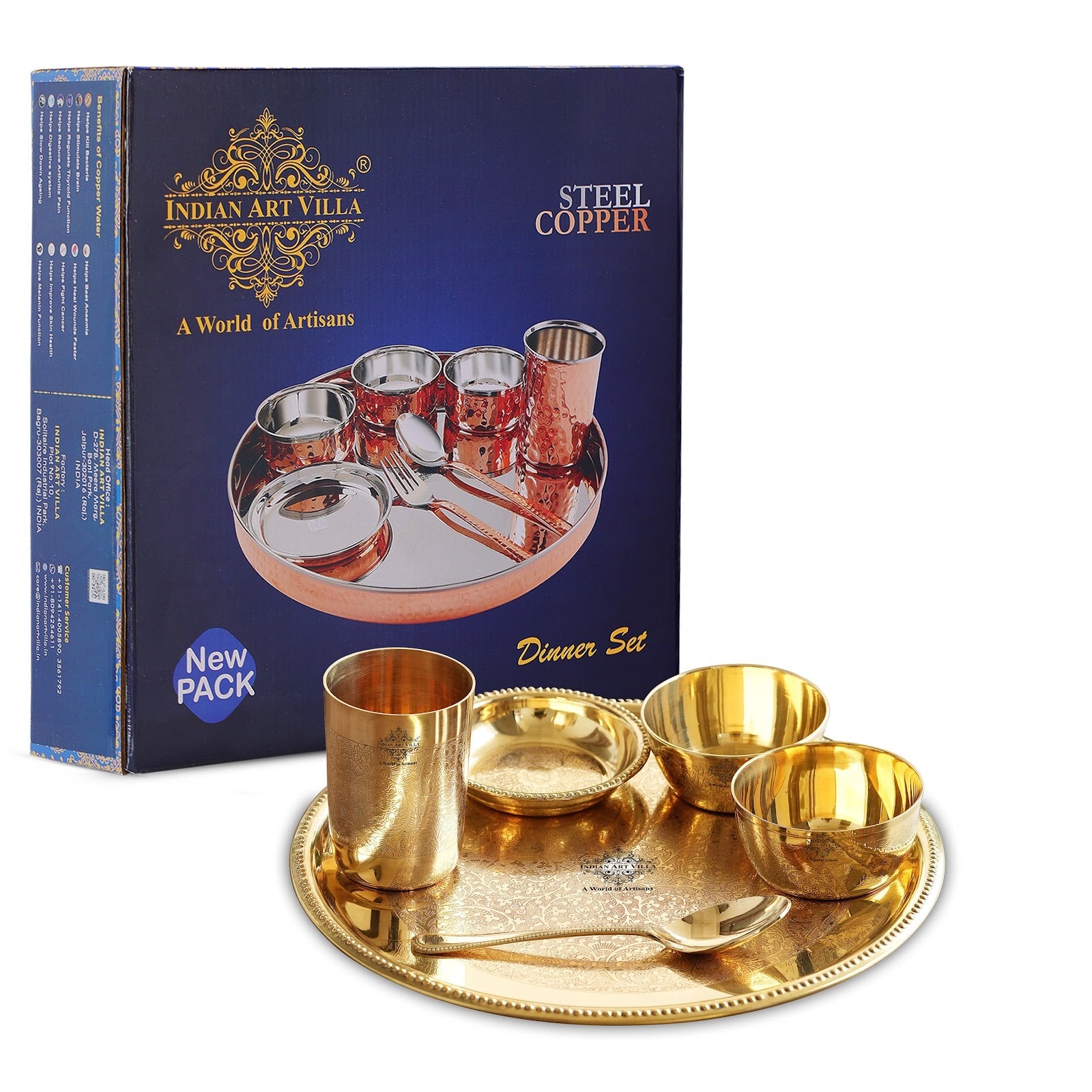 Handcrafted Pure Brass Dinnerware/Dinner Set, Embossed Kitchen Set for Home and Restaurant, (6 Pieces)