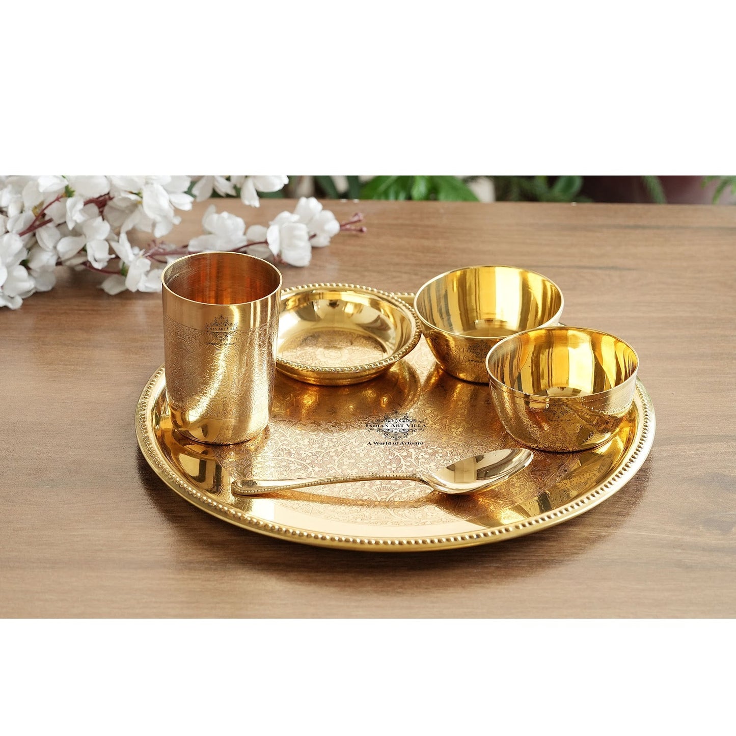 Handcrafted Pure Brass Dinnerware/Dinner Set, Embossed Kitchen Set for Home and Restaurant, (6 Pieces)