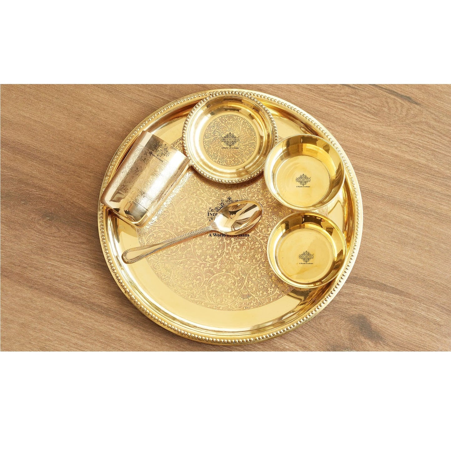 Handcrafted Pure Brass Dinnerware/Dinner Set, Embossed Kitchen Set for Home and Restaurant, (6 Pieces)