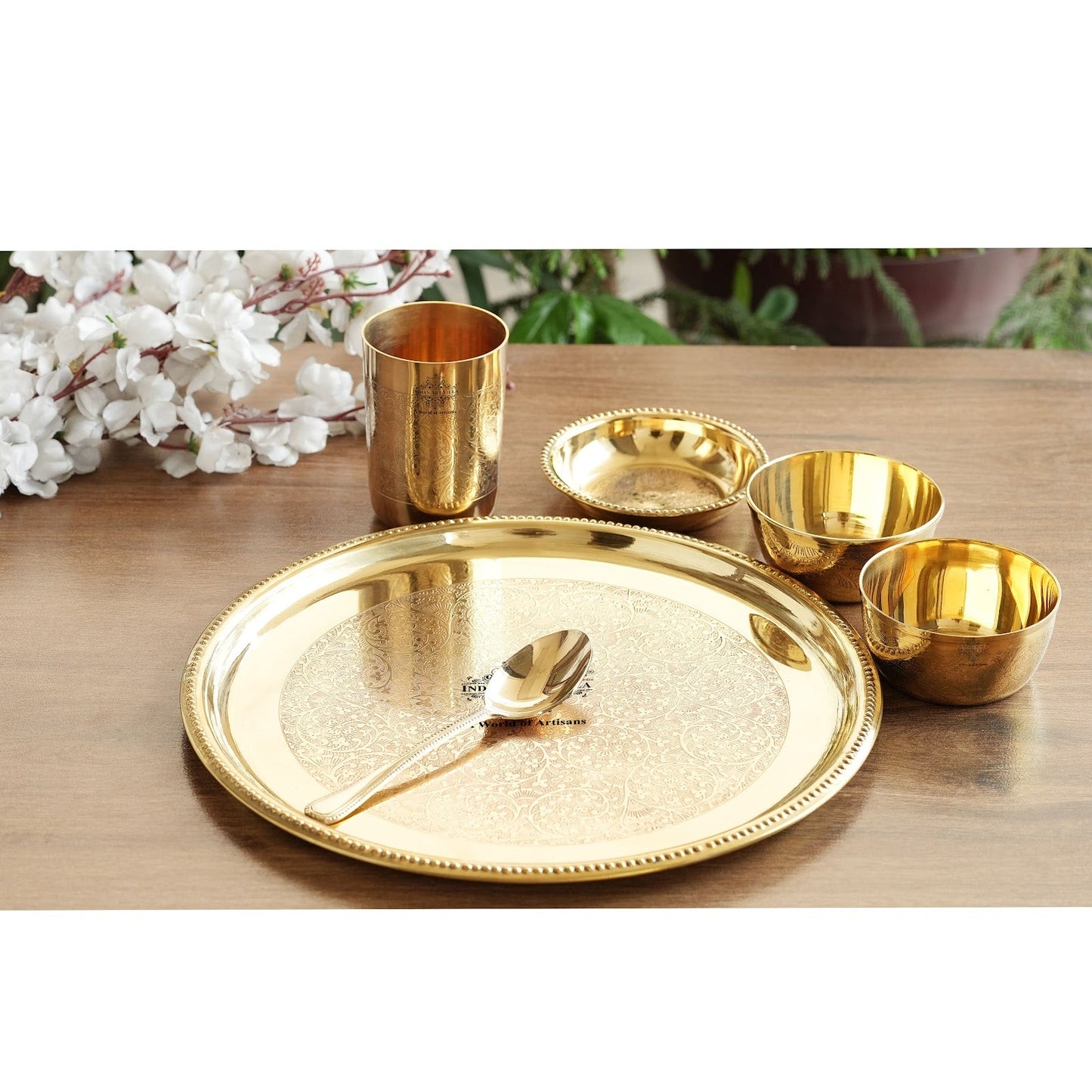 Handcrafted Pure Brass Dinnerware/Dinner Set, Embossed Kitchen Set for Home and Restaurant, (6 Pieces)