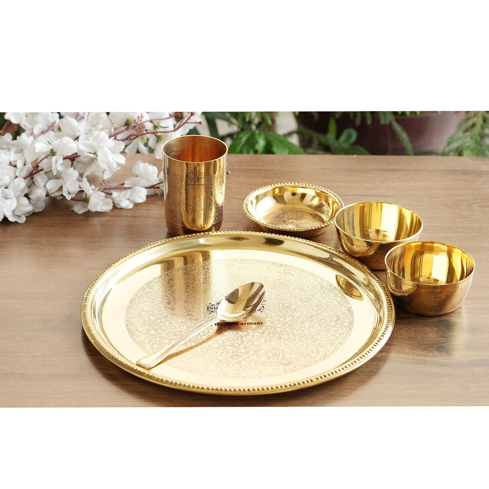 Handcrafted Pure Brass Dinnerware/Dinner Set, Embossed Kitchen Set for Home and Restaurant, (6 Pieces)