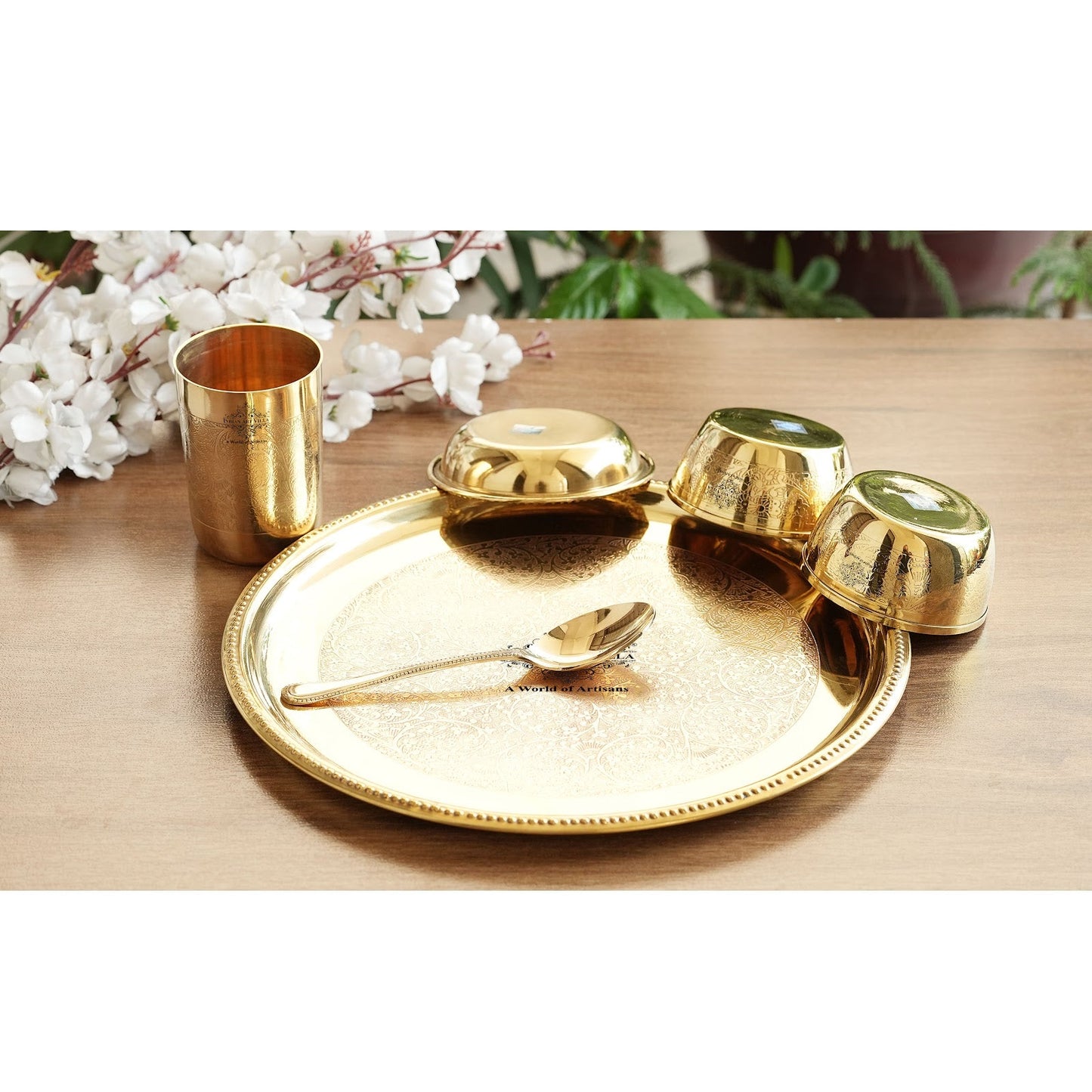 Handcrafted Pure Brass Dinnerware/Dinner Set, Embossed Kitchen Set for Home and Restaurant, (6 Pieces)