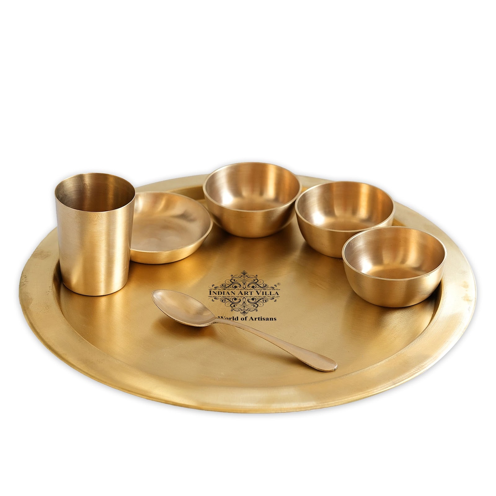 Pure Brass Matt Finish 7 Pieces Dinner Set / Thali Set, Includes 1 Plate, 3 Bowls, 1 Halwa Plate, 1 Spoon & 1 Glass, Elegant & Functional Traditional Dinnerware