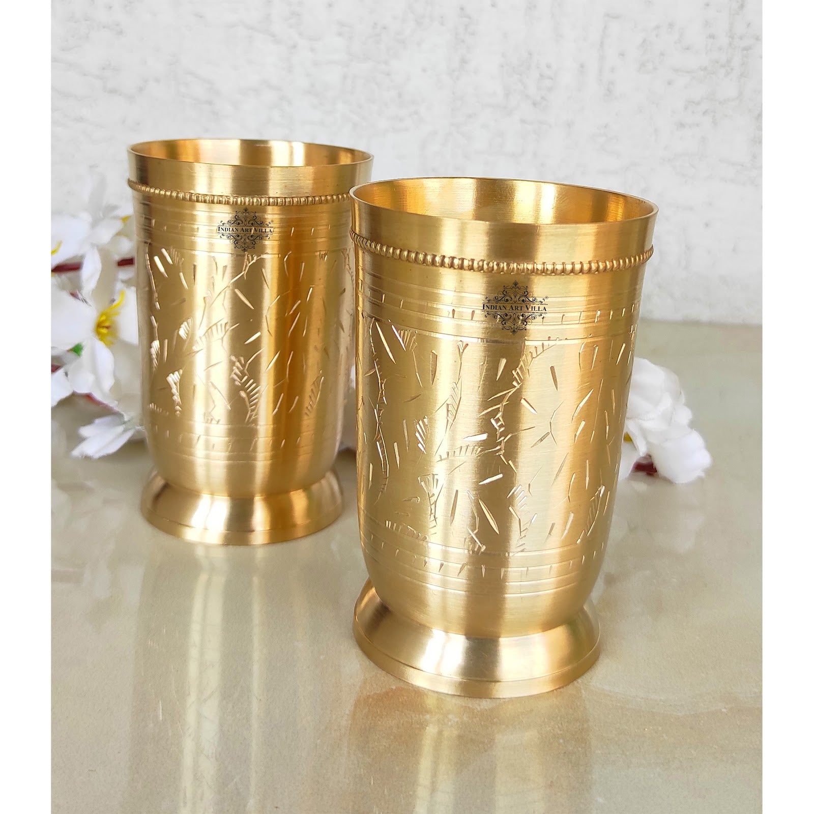 Brass Glass Tumbler with Etched Mughlai Matt & Hammered Design