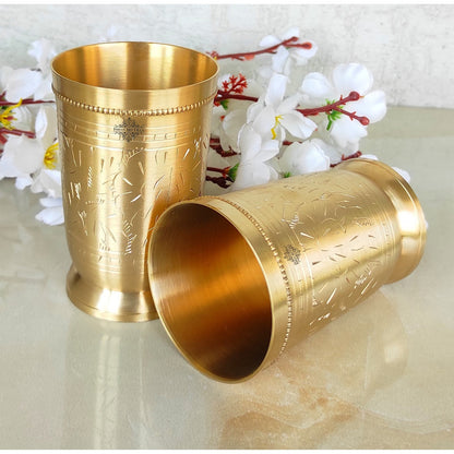Brass Glass Tumbler with Etched Mughlai Matt & Hammered Design