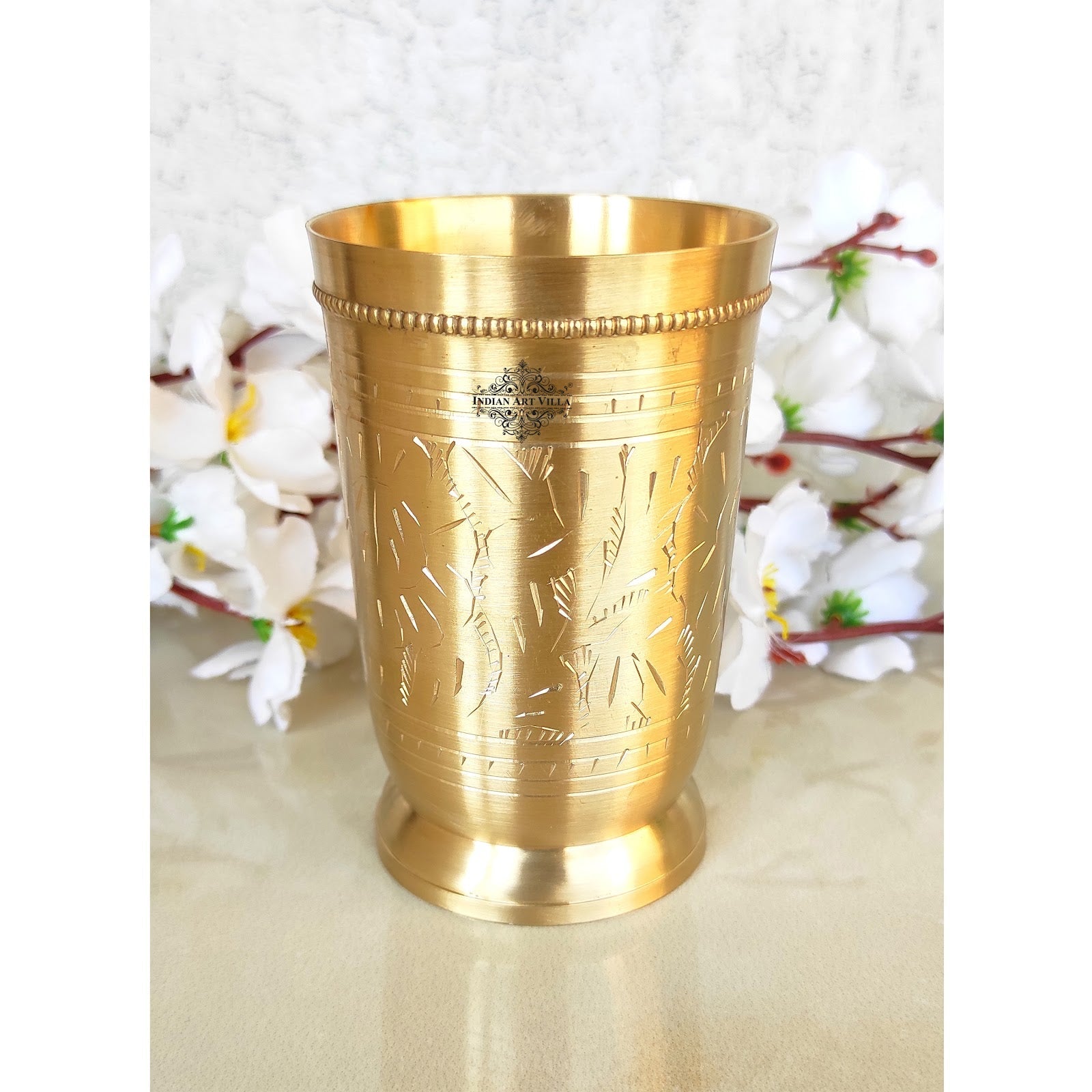 Brass Glass Tumbler with Etched Mughlai Matt & Hammered Design