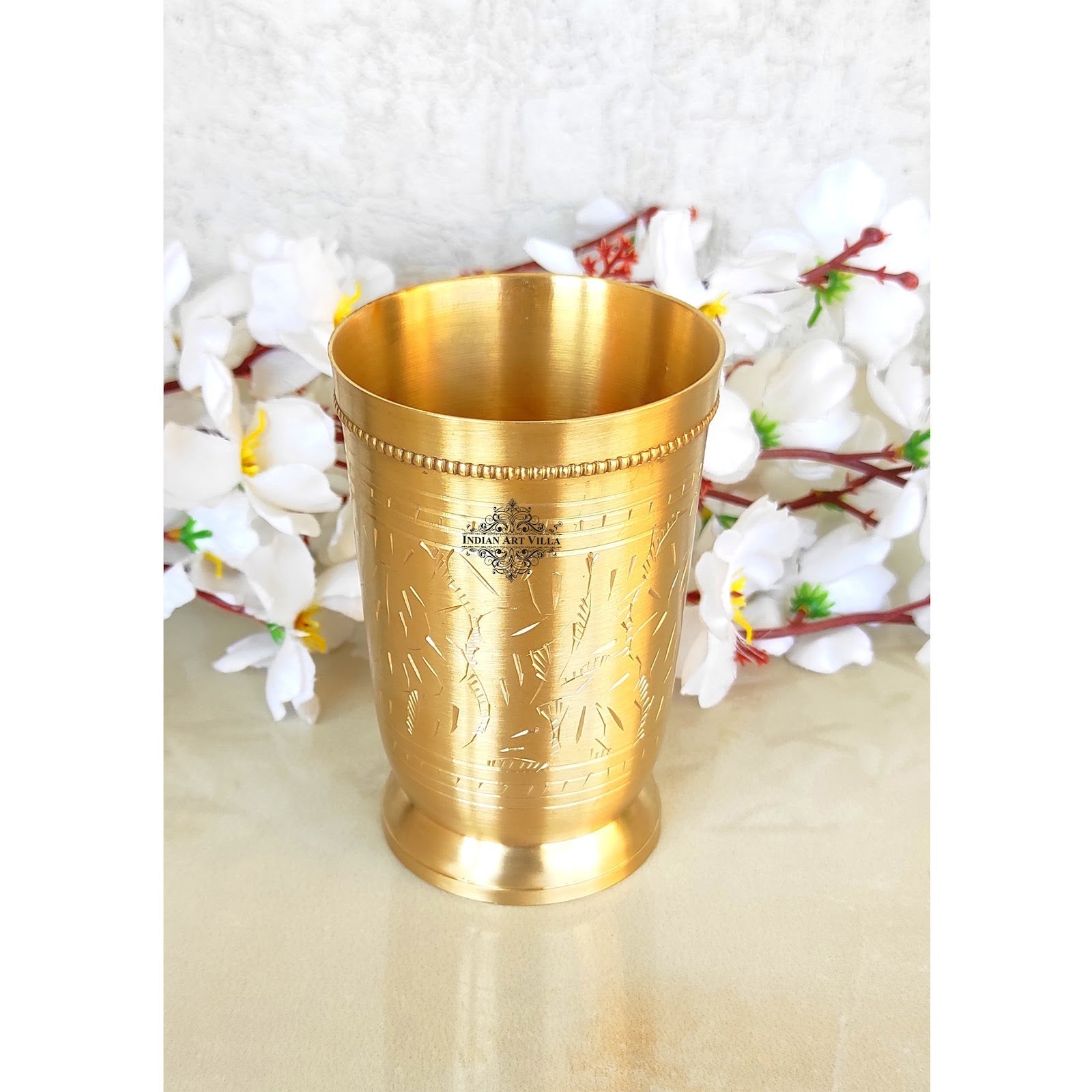 Brass Glass Tumbler with Etched Mughlai Matt & Hammered Design