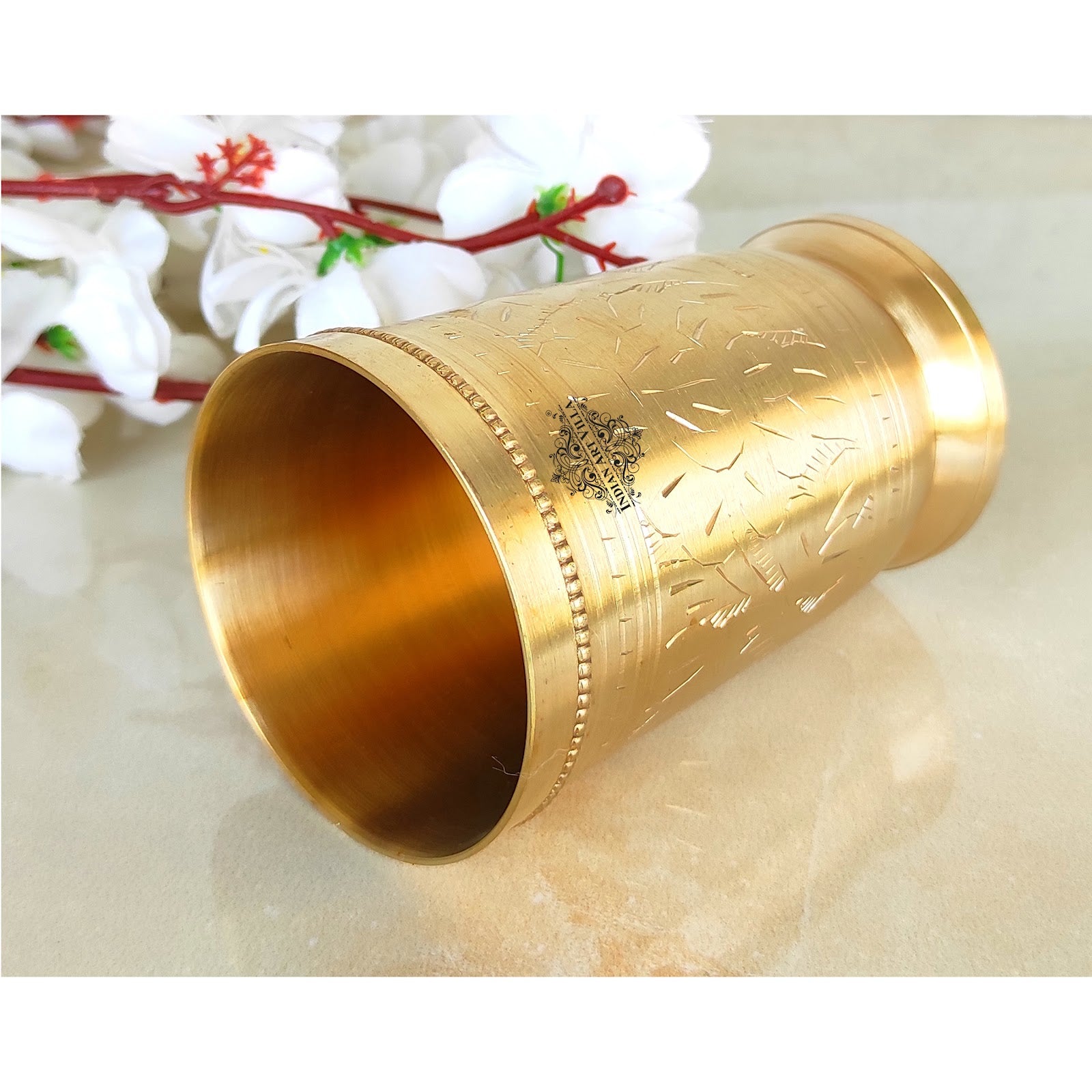 Brass Glass Tumbler with Etched Mughlai Matt & Hammered Design