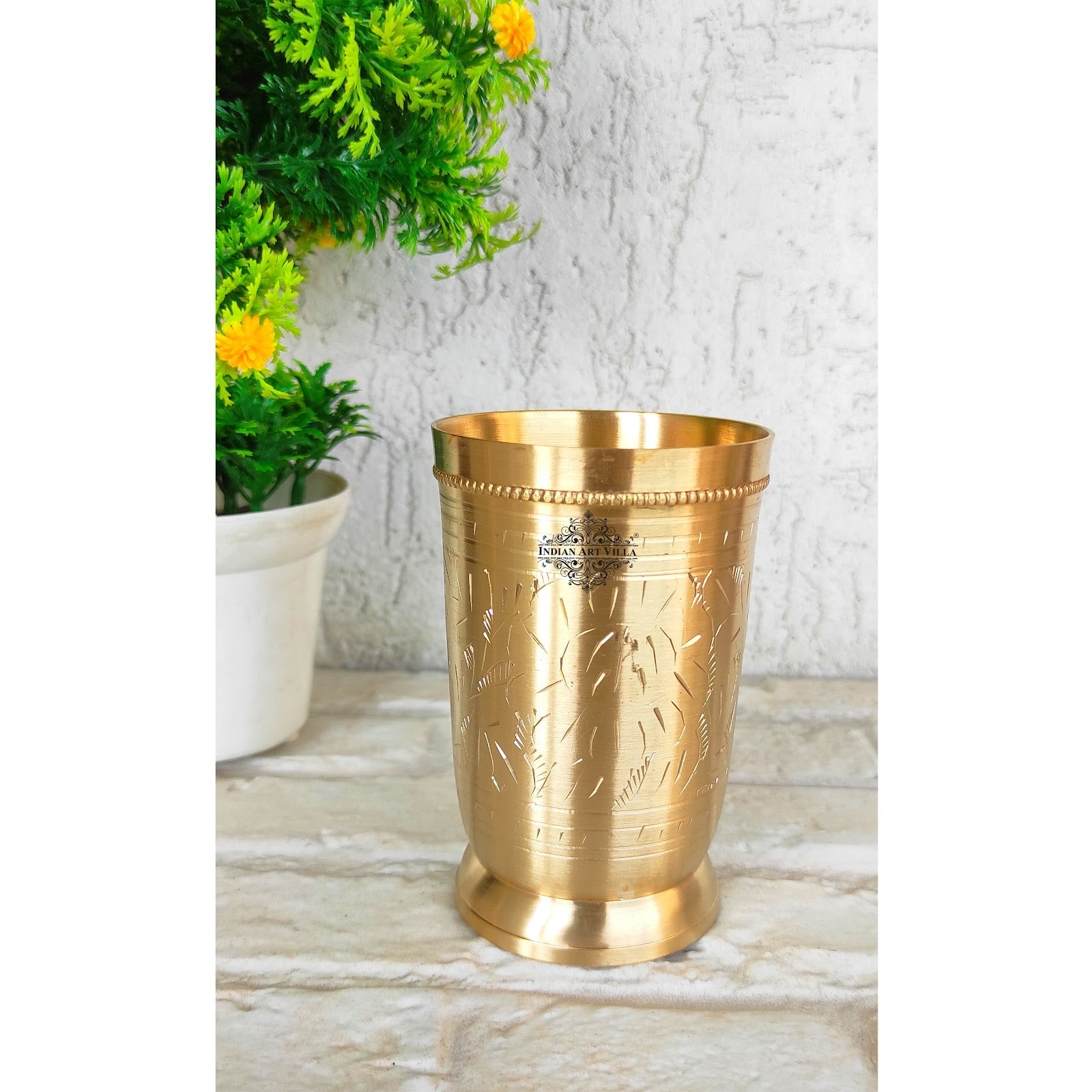 Brass Glass Tumbler with Etched Mughlai Matt & Hammered Design