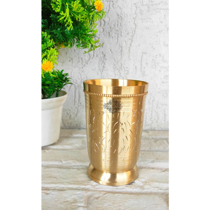 Brass Glass Tumbler with Etched Mughlai Matt & Hammered Design