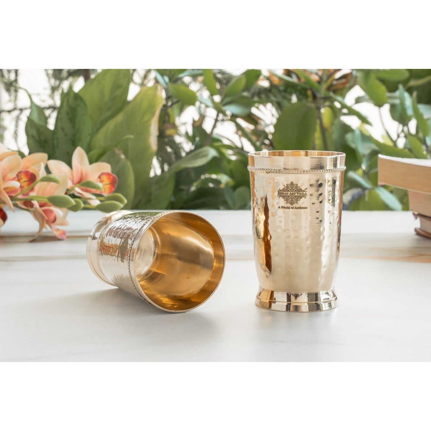 Brass Glass Tumbler with Etched Mughlai Matt & Hammered Design