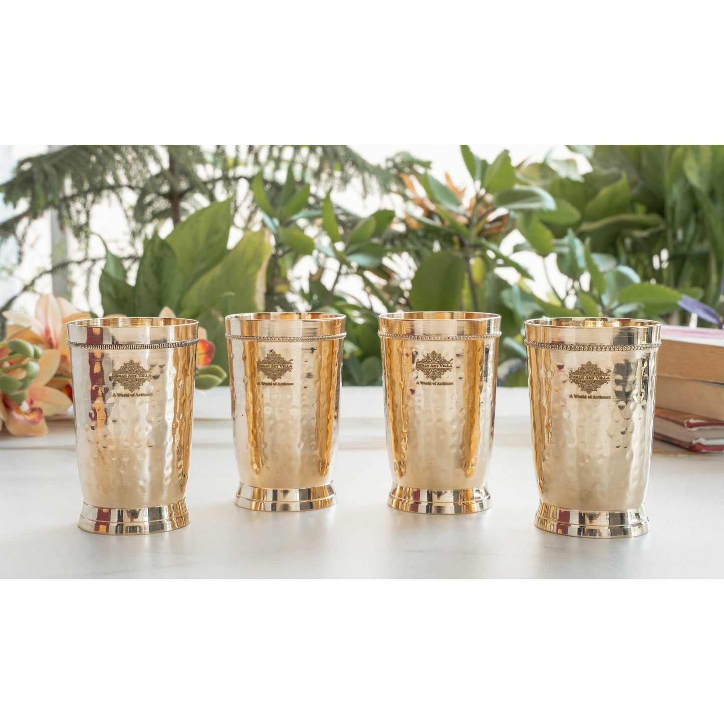 Brass Glass Tumbler with Etched Mughlai Matt & Hammered Design