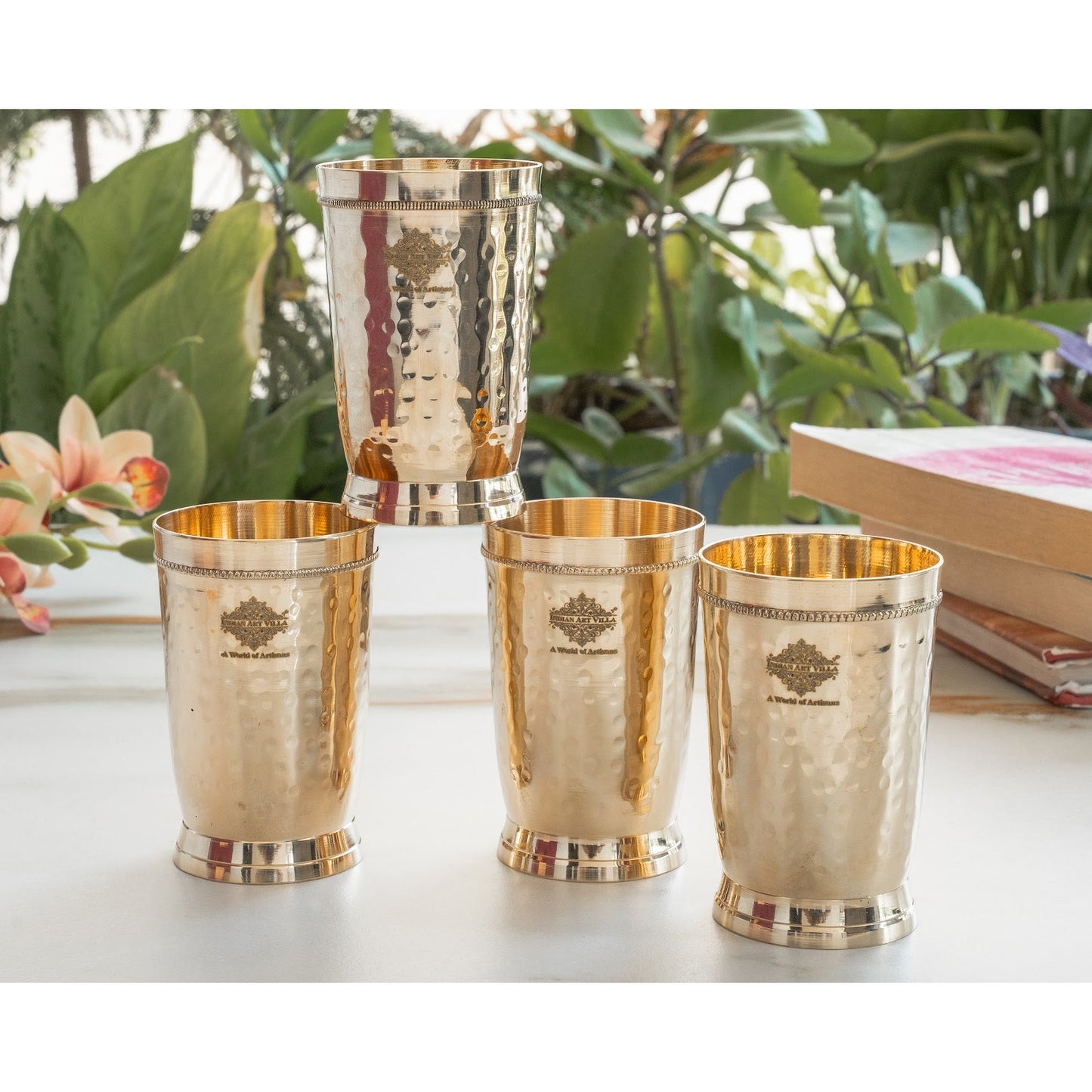 Brass Glass Tumbler with Etched Mughlai Matt & Hammered Design