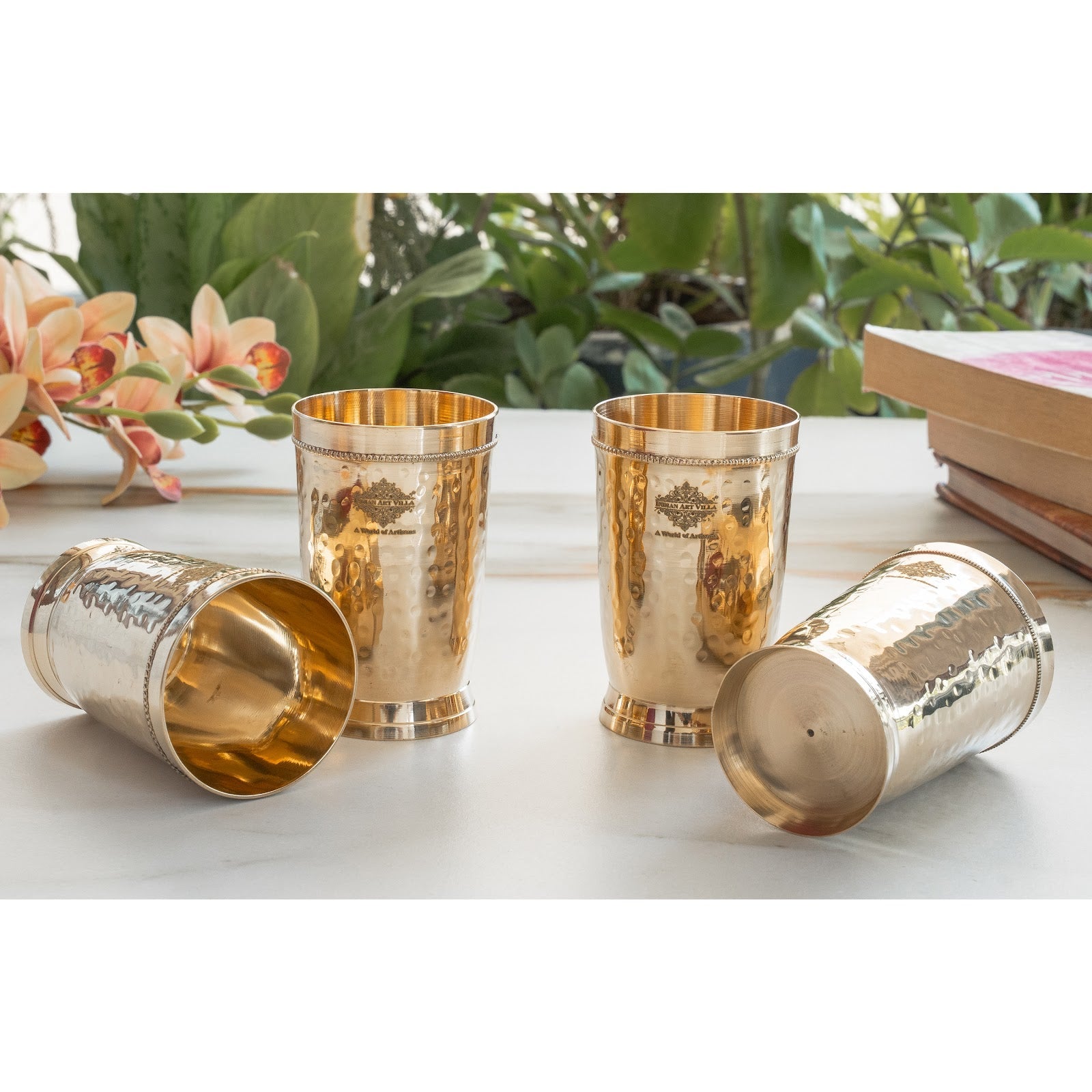 Brass Glass Tumbler with Etched Mughlai Matt & Hammered Design