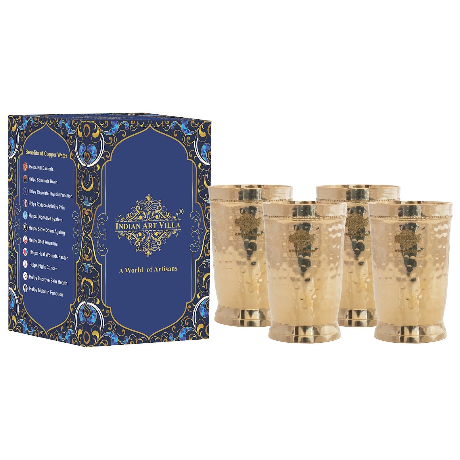 Brass Glass Tumbler with Etched Mughlai Matt & Hammered Design