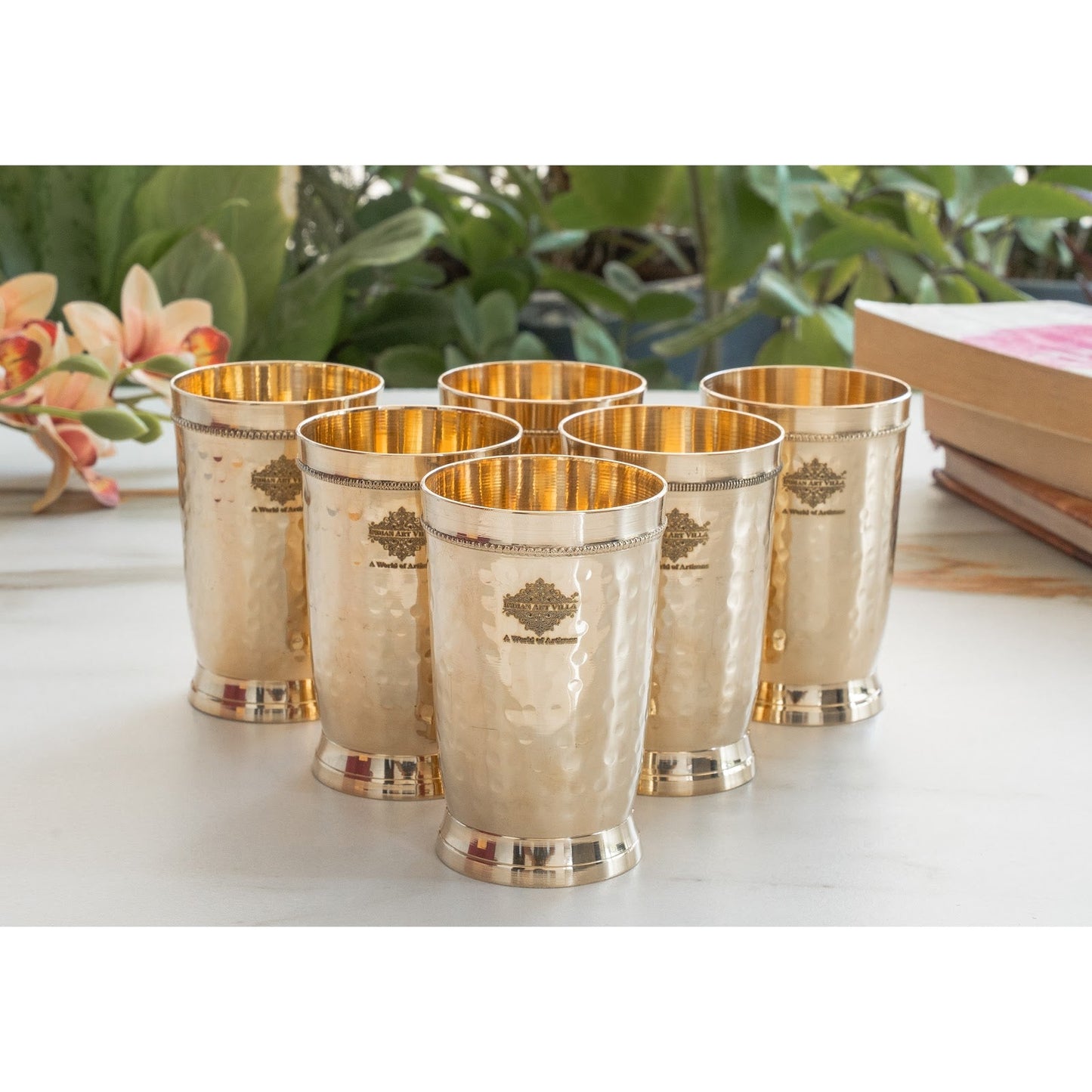 Brass Glass Tumbler with Etched Mughlai Matt & Hammered Design