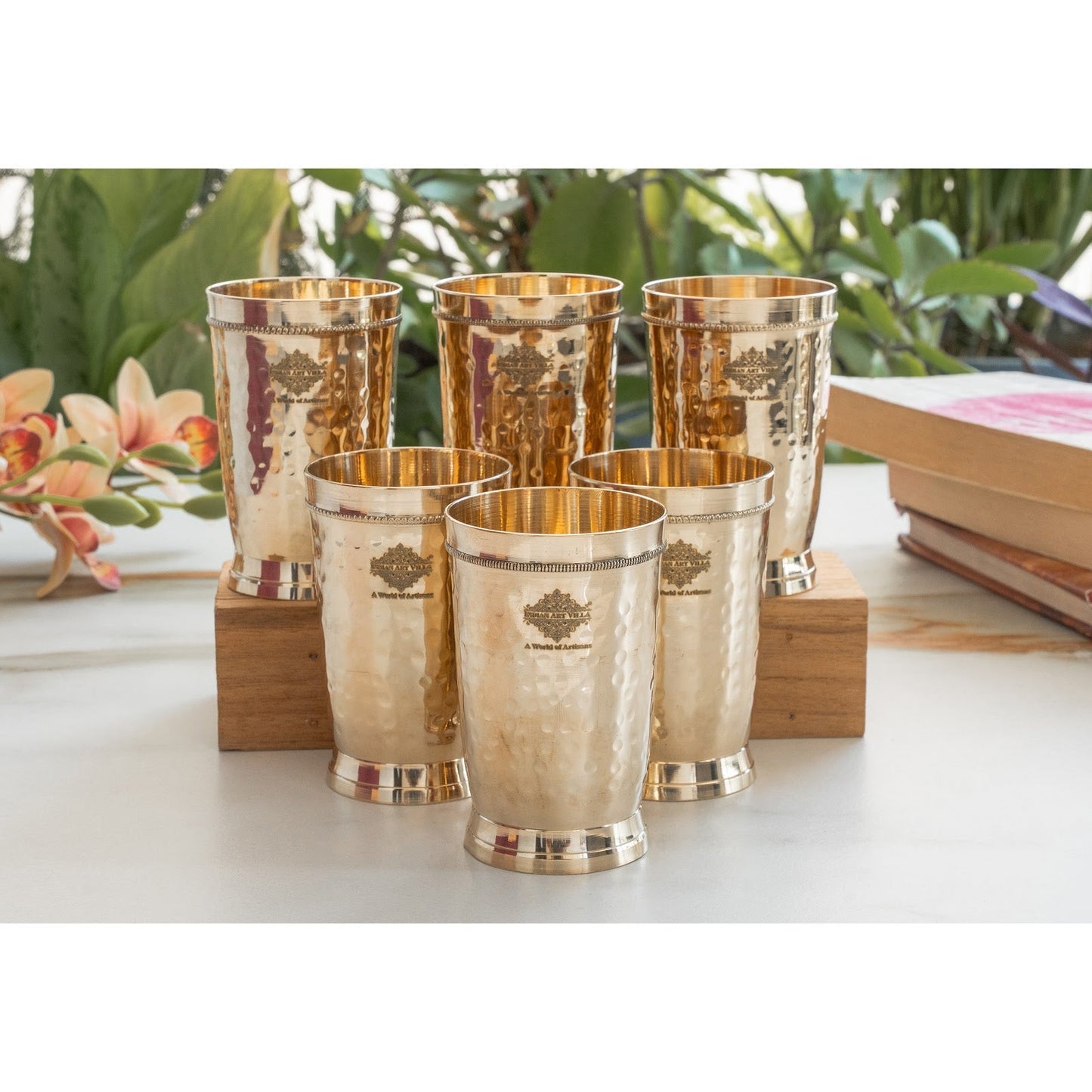 Brass Glass Tumbler with Etched Mughlai Matt & Hammered Design