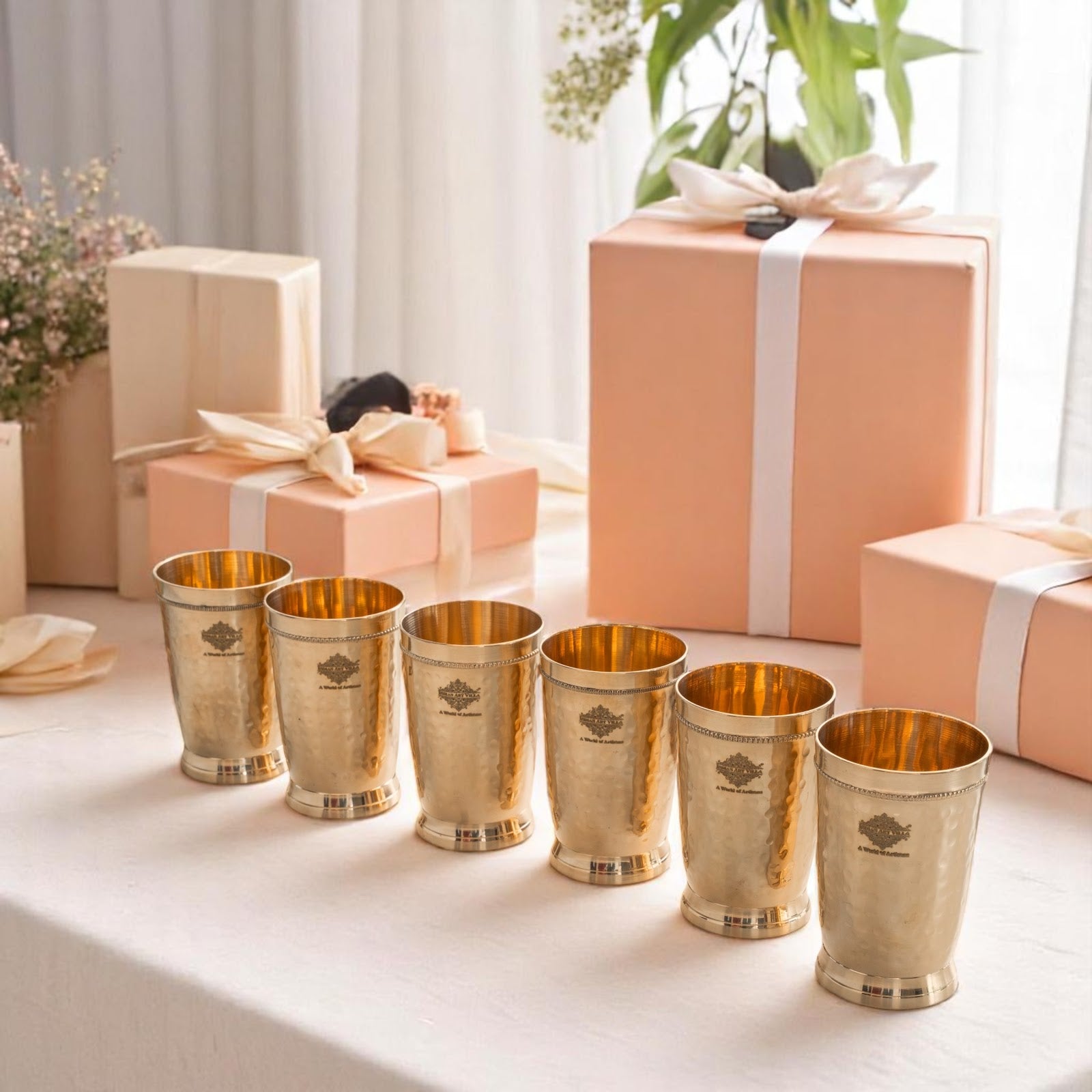 Brass Glass Tumbler with Etched Mughlai Matt & Hammered Design