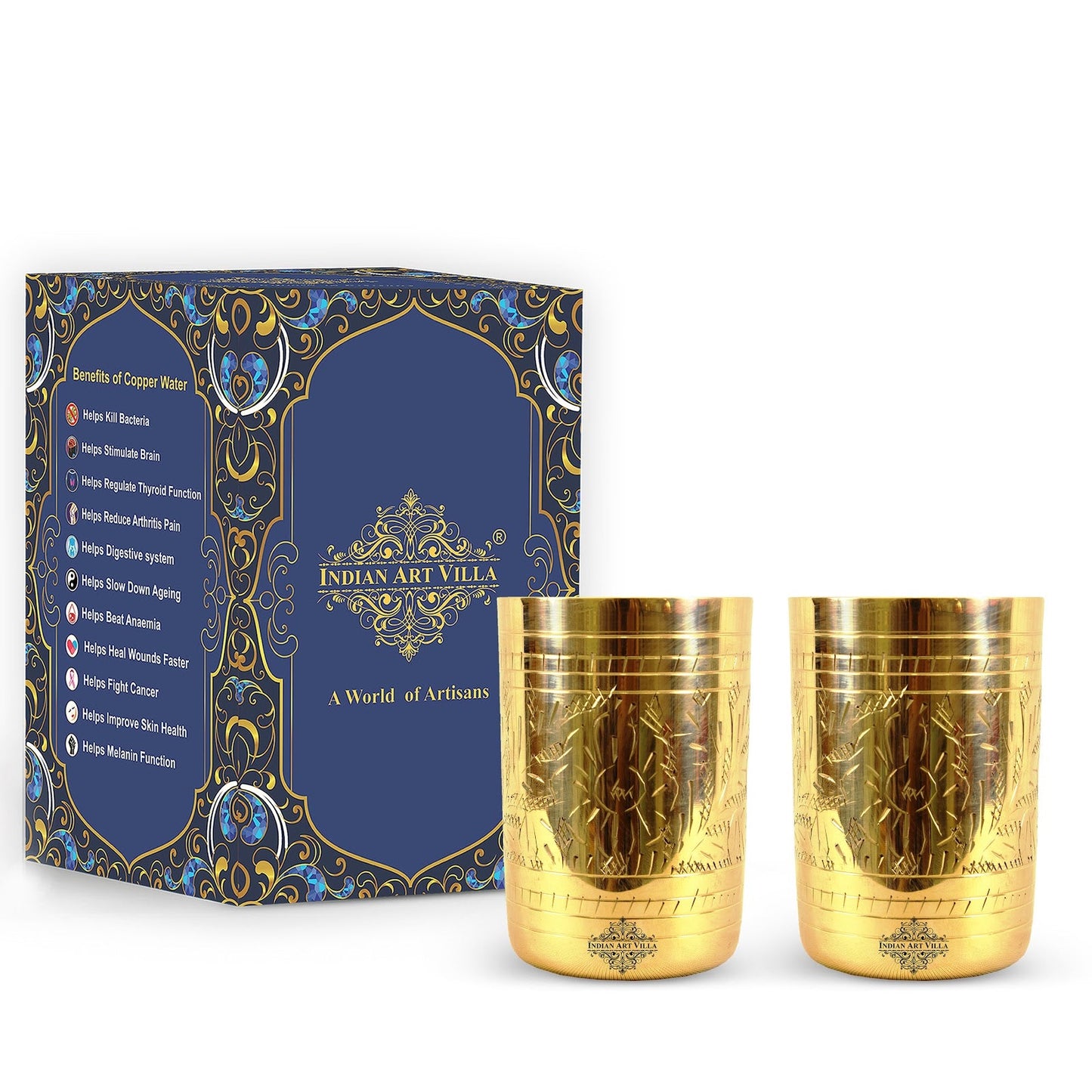 Pure Brass Glass with Embossed Flower Design - 300ml