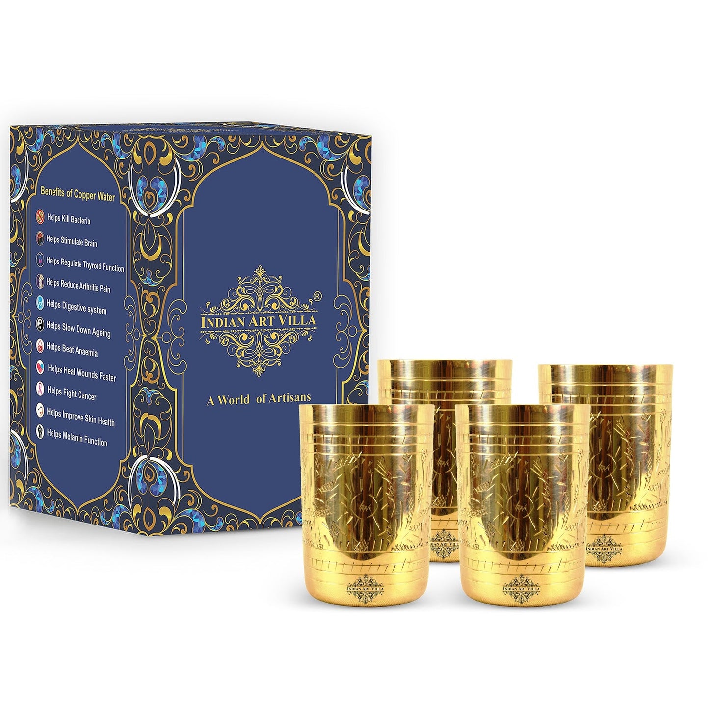 Pure Brass Glass with Embossed Flower Design - 300ml