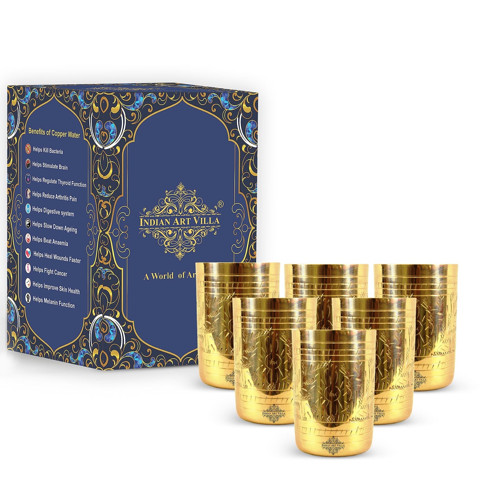 Pure Brass Glass with Embossed Flower Design - 300ml