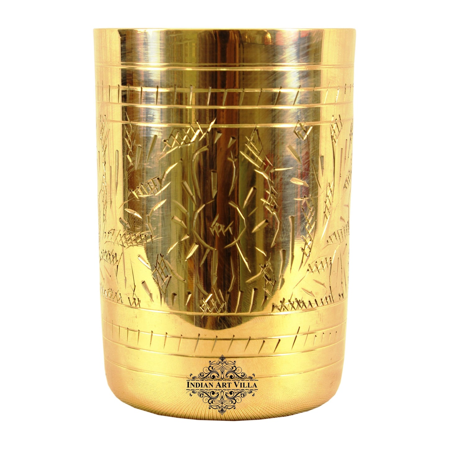 Pure Brass Glass with Embossed Flower Design - 300ml