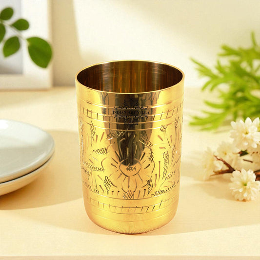 Pure Brass Glass with Embossed Flower Design - 300ml