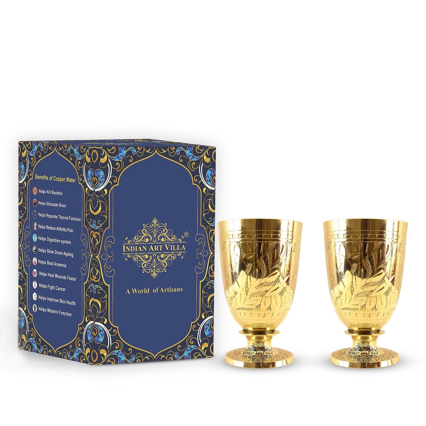 Pure Brass Embossed leaves Design Glass with Stand-350 ML