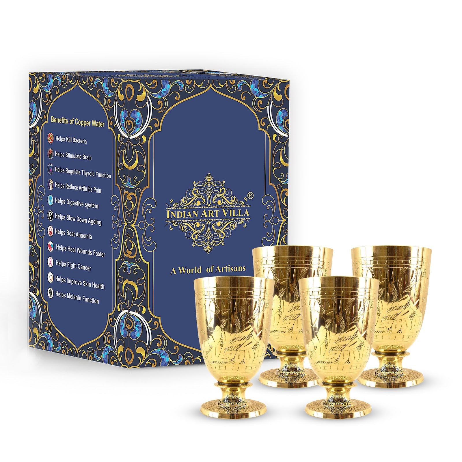 Pure Brass Embossed leaves Design Glass with Stand-350 ML