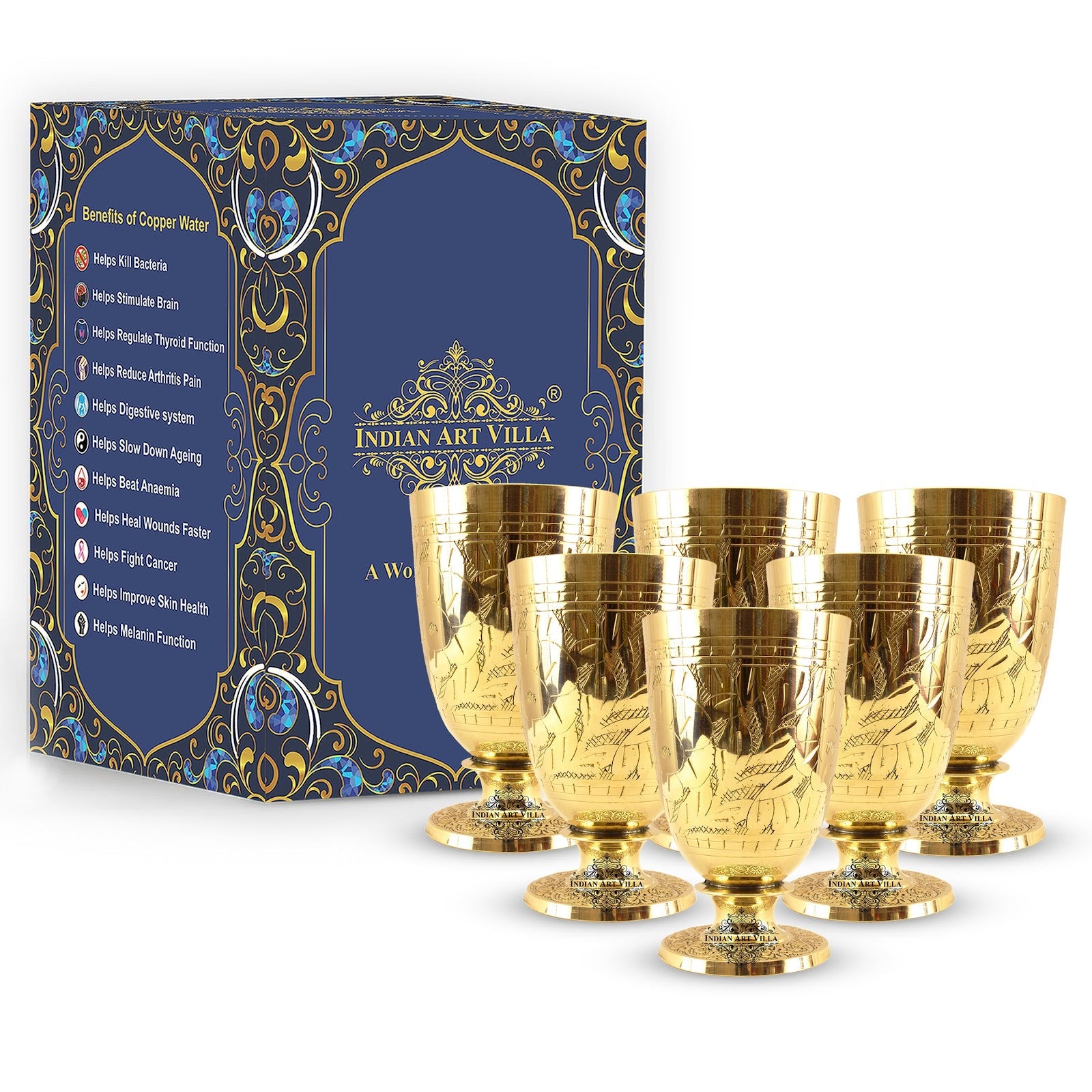 Pure Brass Embossed leaves Design Glass with Stand-350 ML