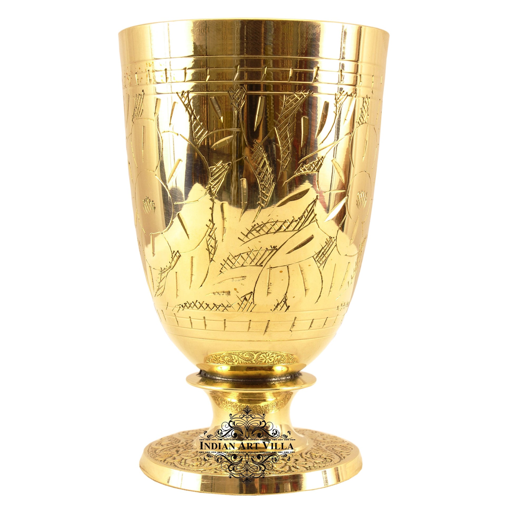 Pure Brass Embossed leaves Design Glass with Stand-350 ML